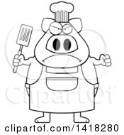 Poster, Art Print Of Black And White Lineart Mad Chef Pig Holding A Spatula