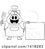 Poster, Art Print Of Black And White Lineart Chef Pig Holding A Spatula By A Blank Sign