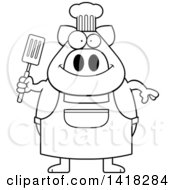 Poster, Art Print Of Black And White Lineart Chef Pig Holding A Spatula