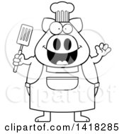 Poster, Art Print Of Black And White Lineart Chef Pig Waving And Holding A Spatula