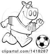 Poster, Art Print Of Black And White Lineart Sporty Pig Playing Soccer