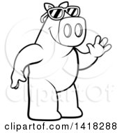 Cartoon Clipart Of A Black And White Lineart Friendly Pig Wearing Sunglasses And Waving Royalty Free Vector Illustration
