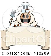 Cartoon Clipart Of A Chef Cow Holding A Spatula Over A Banner Royalty Free Vector Illustration