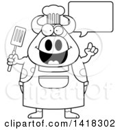 Poster, Art Print Of Black And White Lineart Chef Cow Talking And Holding A Spatula