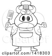 Poster, Art Print Of Black And White Lineart Mad Chef Cow Holding A Spatula