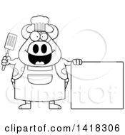 Poster, Art Print Of Black And White Lineart Chef Cow Holding A Spatula By A Blank Sign
