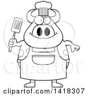 Poster, Art Print Of Black And White Lineart Chef Cow Holding A Spatula