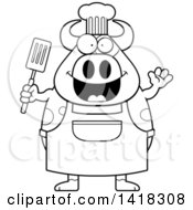 Poster, Art Print Of Black And White Lineart Chef Cow Waving And Holding A Spatula