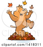 Poster, Art Print Of Happy Ginger Cat Playing In Autumn Leaves