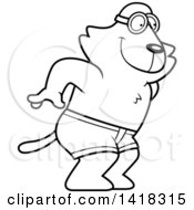 Cartoon Clipart Of A Black And White Lineart Swimmer Cat Diving Royalty Free Vector Illustration