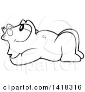Cartoon Clipart Of A Black And White Lineart Relaxed Cat Resting On His Back And Stargazing Royalty Free Vector Illustration