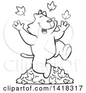Poster, Art Print Of Black And White Lineart Happy Cat Playing In Autumn Leaves