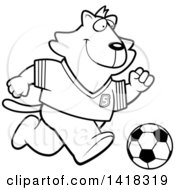 Cartoon Clipart Of A Black And White Lineart Sporty Cat Playing Soccer Royalty Free Vector Illustration