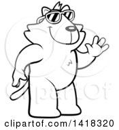 Cartoon Clipart Of A Black And White Lineart Friendly Cat Wearing Sunglasses And Waving Royalty Free Vector Illustration