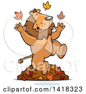 Poster, Art Print Of Happy Lion Playing In Autumn Leaves