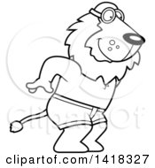 Cartoon Clipart Of A Black And White Lineart Swimmer Lion Diving Royalty Free Vector Illustration