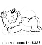 Cartoon Clipart Of A Black And White Lineart Relaxed Lion Resting On His Back And Stargazing Royalty Free Vector Illustration