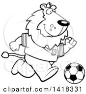 Poster, Art Print Of Black And White Lineart Sporty Lion Playing Soccer