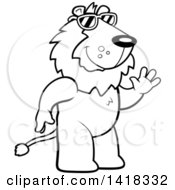 Cartoon Clipart Of A Black And White Lineart Friendly Lion Wearing Sunglasses And Waving Royalty Free Vector Illustration