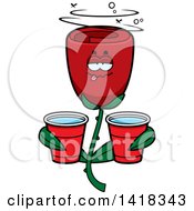 Cartoon Clipart Of A Drunk Red Rose Flower Holding Cups Royalty Free Vector Illustration by Cory Thoman