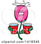 Cartoon Clipart Of A Drunk Tulip Flower Holding Cups Royalty Free Vector Illustration