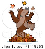 Poster, Art Print Of Happy Bear Playing In Autumn Leaves