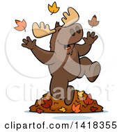 Poster, Art Print Of Happy Moose Playing In Autumn Leaves