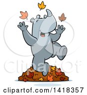 Poster, Art Print Of Happy Rhino Playing In Autumn Leaves