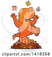 Poster, Art Print Of Happy Tyrannosaurus Rex Playing In Autumn Leaves