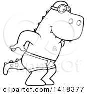 Cartoon Clipart Of A Black And White Lineart Swimmer Tyrannosaurus Rex Diving Royalty Free Vector Illustration
