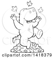 Cartoon Clipart Of A Black And White Lineart Happy Tyrannosaurus Rex Playing In Autumn Leaves Royalty Free Vector Illustration