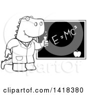 Cartoon Clipart Of A Black And White Lineart Professor Or Scientist Tyrannosaurus Rex By A Chalkboard Royalty Free Vector Illustration
