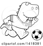 Poster, Art Print Of Black And White Lineart Sporty Tyrannosaurus Rex Playing Soccer