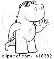 Poster, Art Print Of Black And White Lineart Friendly Tyrannosaurus Rex Wearing Sunglasses And Waving