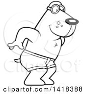 Cartoon Clipart Of A Black And White Lineart Swimmer Dog Diving Royalty Free Vector Illustration