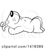 Cartoon Clipart Of A Black And White Lineart Relaxed Dog Resting On His Back And Stargazing Royalty Free Vector Illustration