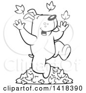 Poster, Art Print Of Black And White Lineart Happy Dog Playing In Autumn Leaves