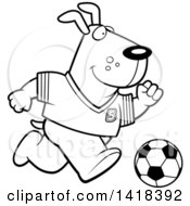 Cartoon Clipart Of A Black And White Lineart Sporty Dog Playing Soccer Royalty Free Vector Illustration