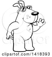 Cartoon Clipart Of A Black And White Lineart Friendly Dog Wearing Sunglasses And Waving Royalty Free Vector Illustration