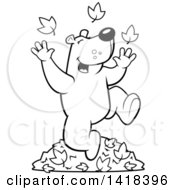 Poster, Art Print Of Black And White Lineart Happy Bear Playing In Autumn Leaves