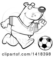 Cartoon Clipart Of A Black And White Lineart Sporty Bear Playing Soccer Royalty Free Vector Illustration