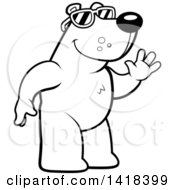 Cartoon Clipart Of A Black And White Lineart Friendly Bear Wearing Sunglasses And Waving Royalty Free Vector Illustration