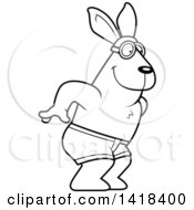 Cartoon Clipart Of A Black And White Lineart Swimmer Rabbit Diving Royalty Free Vector Illustration
