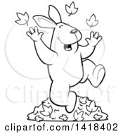 Poster, Art Print Of Black And White Lineart Happy Rabbit Playing In Autumn Leaves