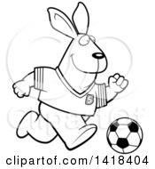 Cartoon Clipart Of A Black And White Lineart Sporty Rabbit Playing Soccer Royalty Free Vector Illustration