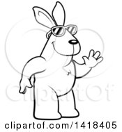Cartoon Clipart Of A Black And White Lineart Friendly Rabbit Wearing Sunglasses And Waving Royalty Free Vector Illustration