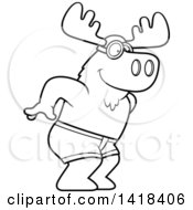 Cartoon Clipart Of A Black And White Lineart Swimmer Moose Diving Royalty Free Vector Illustration