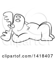 Cartoon Clipart Of A Black And White Lineart Relaxed Moose Resting On His Back And Stargazing Royalty Free Vector Illustration