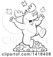 Poster, Art Print Of Black And White Lineart Happy Moose Playing In Autumn Leaves