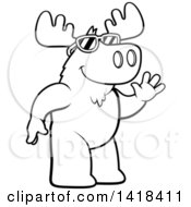 Cartoon Clipart Of A Black And White Lineart Friendly Moose Wearing Sunglasses And Waving Royalty Free Vector Illustration